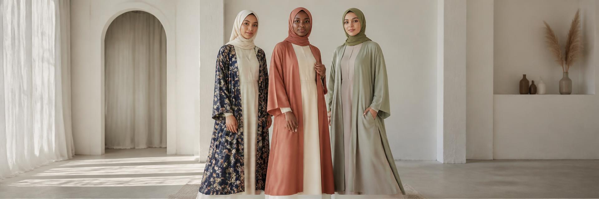 Three women — a Black woman center in a terracotta kimono over cream base and matching hijab, a South Asian woman in a printed navy floral kimono, a Latina woman in sage green — in a bright minimalist studio. Fully covered.