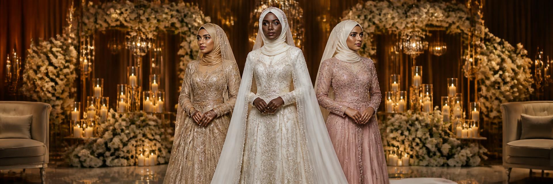 Three Muslim brides — a Black bride center in an ivory beaded bridal gown with silk bridal hijab and pearl trim, a South Asian bride in champagne gold embroidered gown with draped hijab and henna hands, a Middle Eastern bride in blush pink beaded gown with cream hijab — before a candlelit white-rose backdrop. Fully covered.