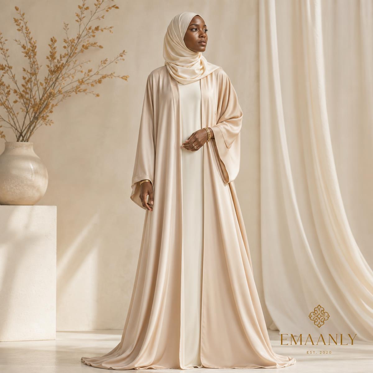 Aab Silk Nidha Open Abaya in black and ivory — Women abayas on Emaanly