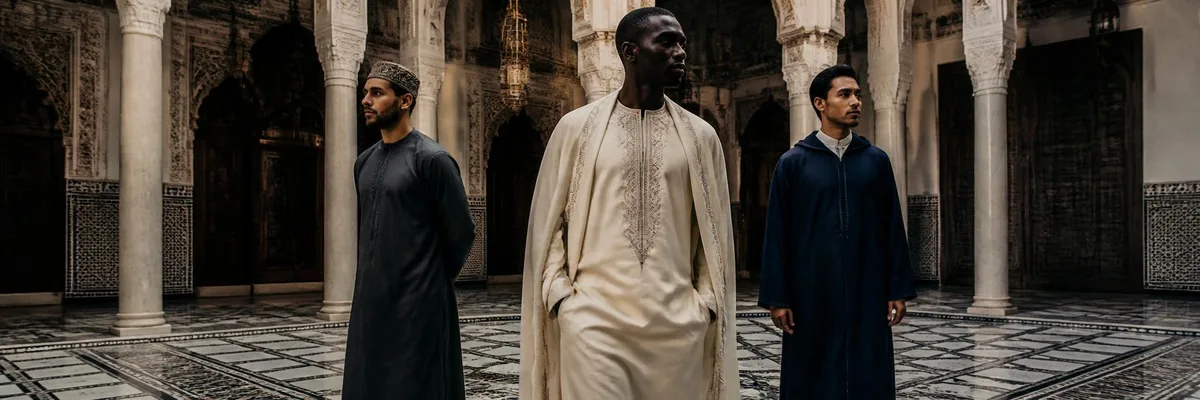 Three men — a Black man center in a cream tailored thobe and bisht, a Middle Eastern man in a charcoal jubba and kufi, a Southeast Asian man in a navy Moroccan djellaba — standing in a grand marble Andalusian palace hall with soaring columns and geometric tile.