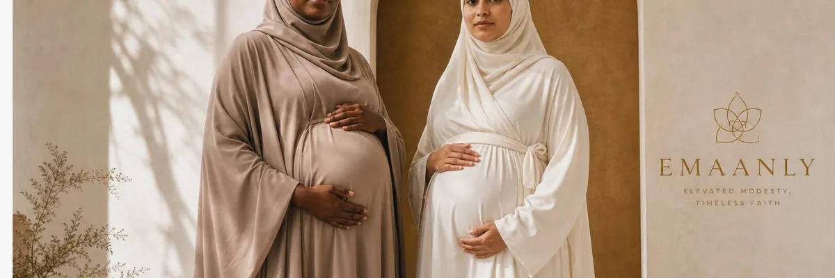 Two expectant mothers in full modest coverage — one in a brown abaya and hijab, one in a cream abaya and hijab — standing before a minimalist arched backdrop with the Emaanly wordmark. Hair, neck and body fully covered per Emaanly's modesty policy.