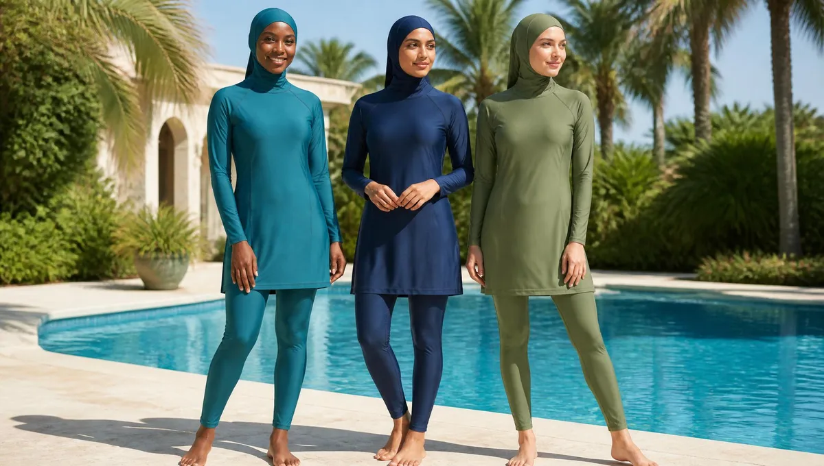 Three women of different ethnicities — Black, South Asian and White — in full-coverage teal, navy and olive burkinis with integrated swim hijabs beside a turquoise pool — Emaanly modest swimwear