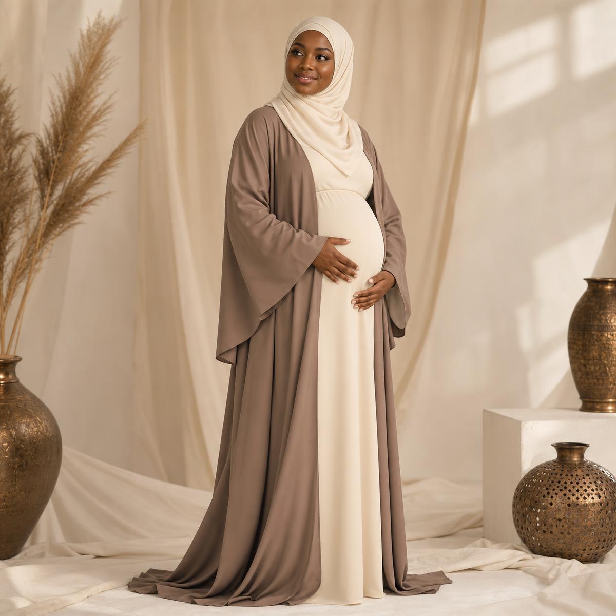 Aab Maternity Open Abaya in black and sand — Maternity abayas on Emaanly