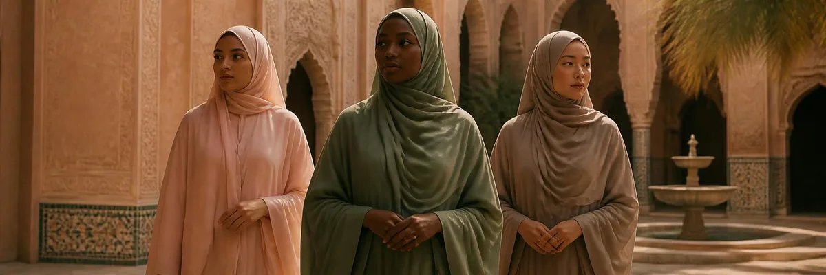 Three women of different ethnicities — a Black woman center in a sage green abaya and hijab, a South Asian woman in blush pink, an East Asian woman in taupe — in a sunlit Moroccan sandstone courtyard with carved arches. Hair, neck and body fully covered per Emaanly's modesty policy.
