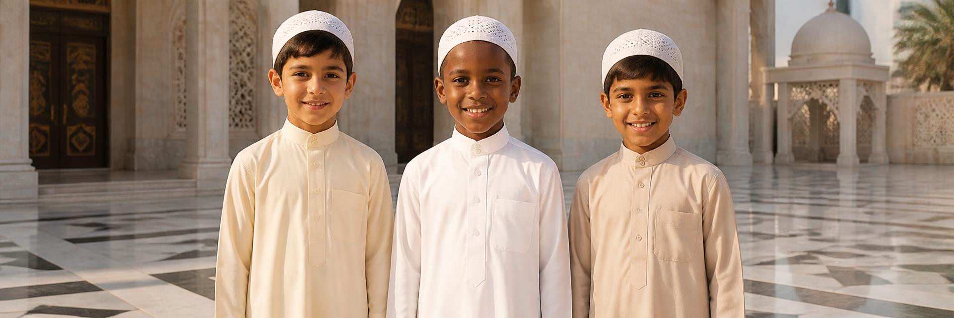 Three boys aged 7–10 — a Black boy center in a crisp white thobe, a Middle Eastern boy in cream, a South Asian boy in beige — standing in a sunlit marble courtyard, each wearing a small white kufi cap.
