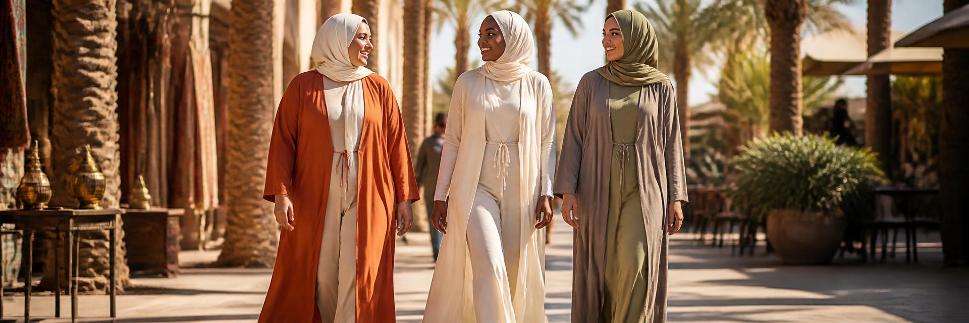 Editorial photograph of flowing abayas in muted earth tones photographed against a warm neutral wall.