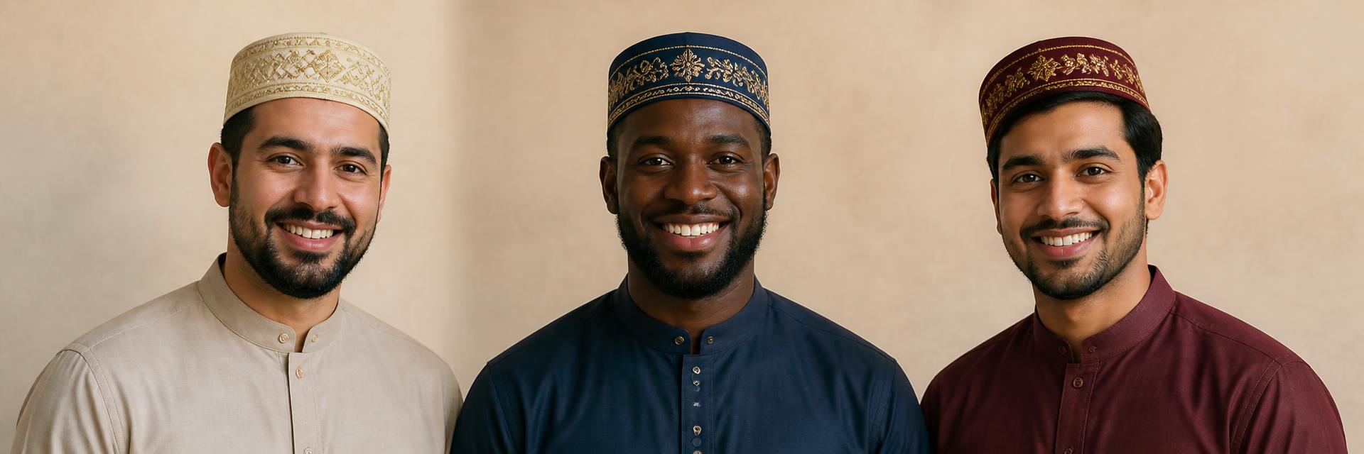 Three smiling men — a Black man center, a Middle Eastern man, a South Asian man — modeling embroidered kufi caps in cream, navy and burgundy against a warm cream studio backdrop.