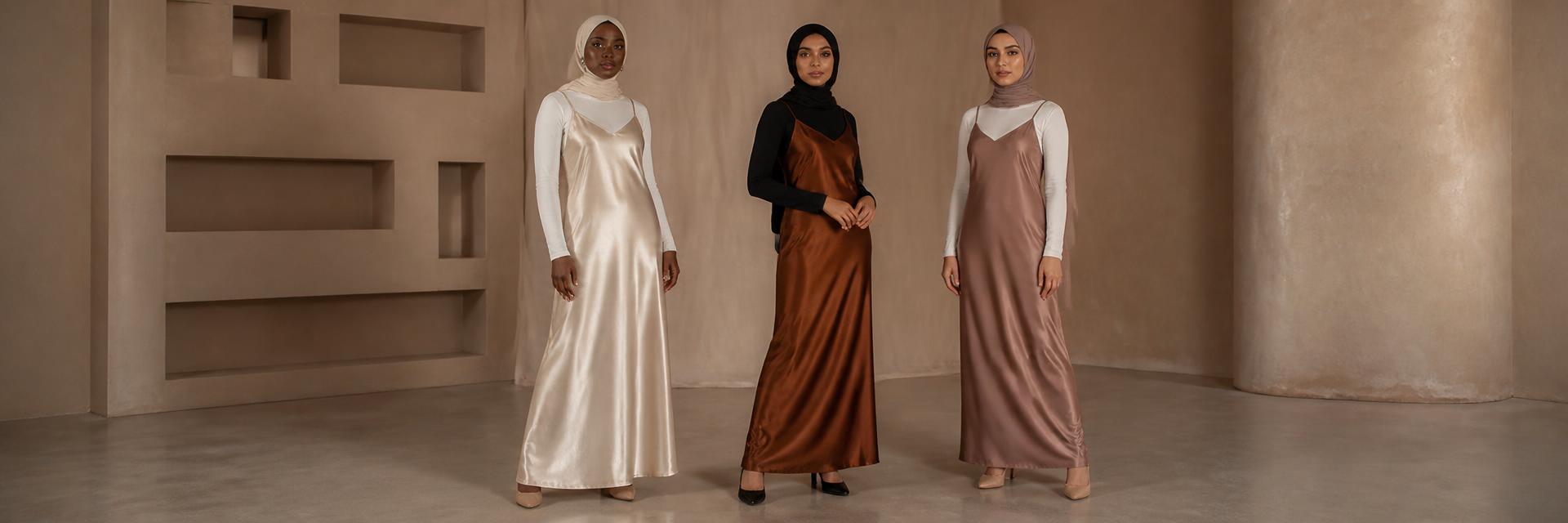 Three women — a Black woman center in a satin champagne slip dress layered over a cream long-sleeve underlayer with matching hijab, a South Asian woman in bronze over black, a Middle Eastern woman in dusty mauve over cream — in a warm-toned minimalist studio. Fully covered.
