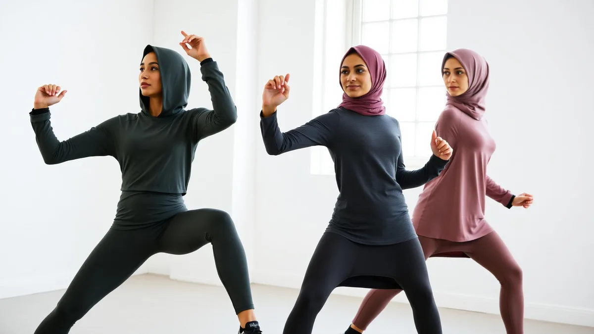 Three women of different ethnicities — East Asian, Black and Middle Eastern — mid-workout in sage, charcoal and dusty rose modest activewear and sport hijabs in a bright studio — Emaanly modest activewear