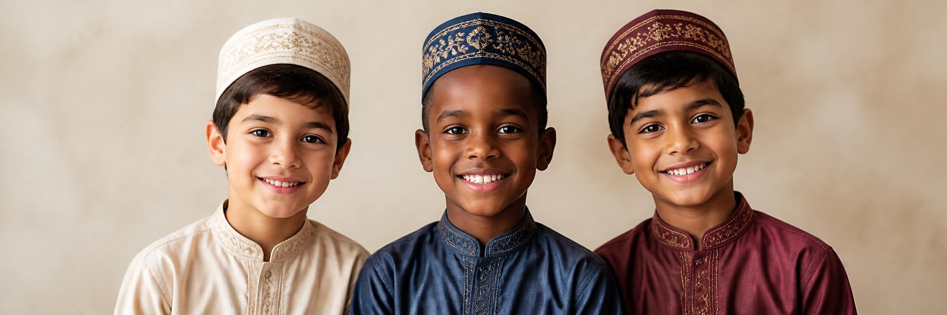 Three smiling boys aged 7–10 — a Black boy center, a Middle Eastern boy, a South Asian boy — modeling embroidered kufi caps in cream, navy and burgundy against a warm cream studio backdrop.