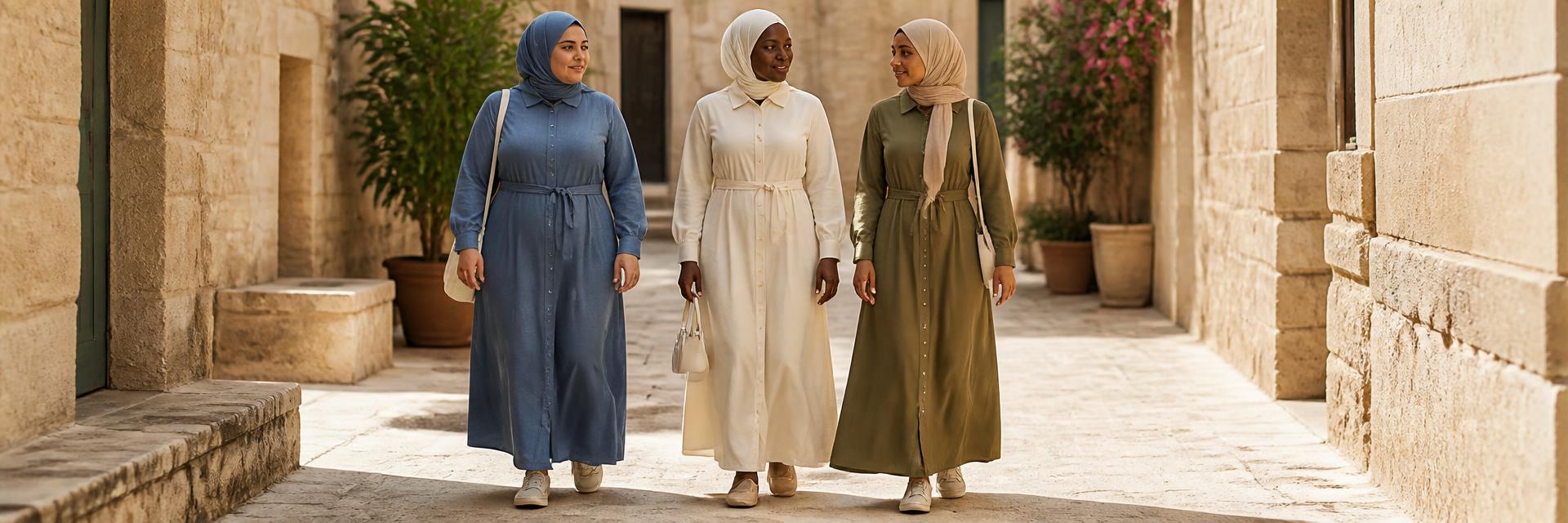 Three women — a Black woman center in a cream belted long shirt dress with cream hijab, a plus-size Middle Eastern woman in chambray blue with denim-tone hijab, a South Asian woman in olive with beige hijab — walking along a sunlit stone alleyway. Fully covered.