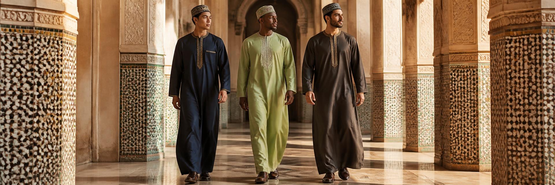 Three men — a Black man center in a sage green embroidered jubba, a Southeast Asian man in a navy jubba with gold trim, a Middle Eastern man in a charcoal jubba — walking through a grand marble Andalusian hall with geometric-tile columns. Matching kufi caps. Neck-to-ankle coverage.