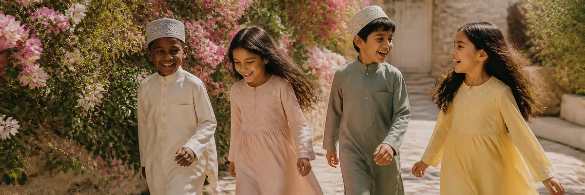 Four laughing children aged 6 to 10 — Black, Middle Eastern, South Asian and Latina — walking beside pink bougainvillea in a sunlit garden. Two boys in cream and sage thobes with kufi caps, two girls in blush and soft yellow long-sleeve modest day dresses with their hair loose. No hijabs on the girls, in line with Emaanly's age-appropriate imagery policy for children under puberty.
