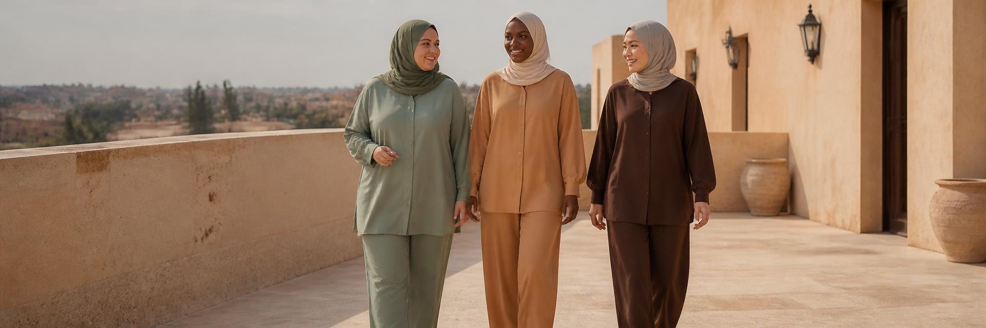 Three women — a Black woman center in a camel linen co-ord set with cream hijab, a plus-size Middle Eastern woman in sage green, an East Asian woman in chocolate brown — walking on a sunlit rooftop terrace. Fully covered.