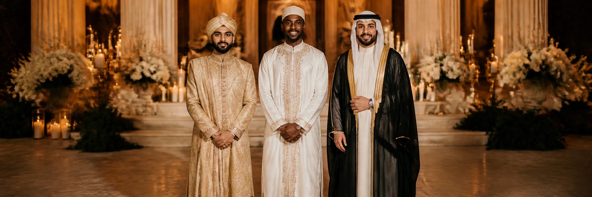 Three Muslim grooms — a Black groom center in an ivory ceremonial jubba with gold embroidery and kufi, a South Asian groom in champagne gold sherwani with turban, a Middle Eastern groom in a cream thobe with white ghutra and dark bisht — at an elegant candlelit venue. Fully covered.