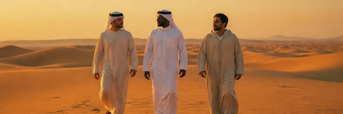 Three men walking across golden sand dunes at sunset — a Black man center in a white Saudi thobe with ghutra, a Middle Eastern man in a cream Emirati kandura, a South Asian man in a beige Moroccan djellaba — cinematic wide shot of the Emaanly thobe edit.