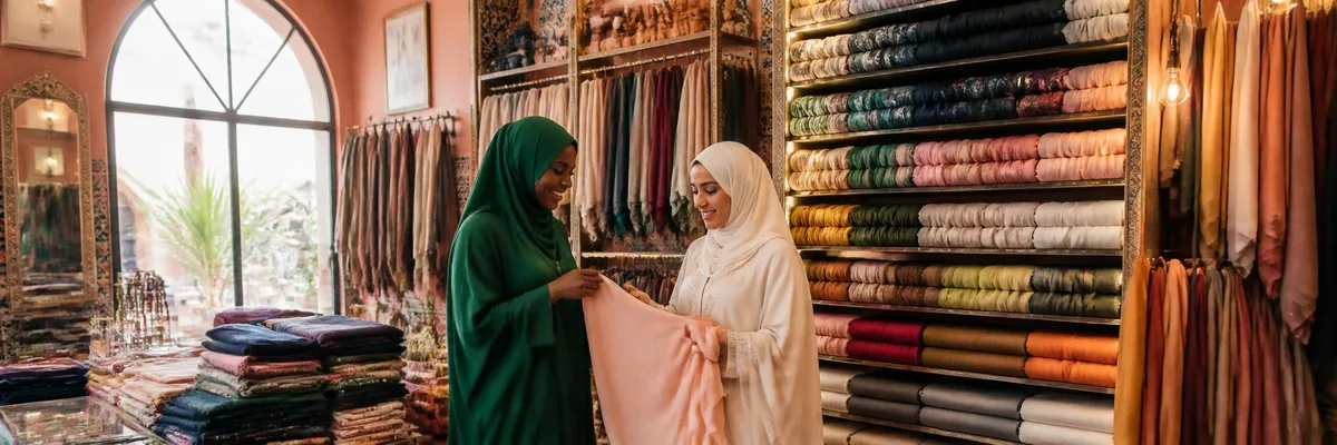 Two women — one Black in an emerald green hijab, one Middle Eastern in a cream hijab — browsing rolled bolts of chiffon, silk and modal hijabs in every color inside a warmly lit Marrakech-inspired boutique. Both fully covered per Emaanly's modesty policy.