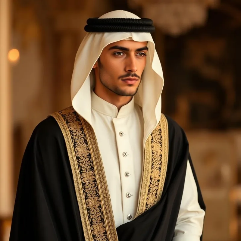 Al-Bassam Ceremonial Groom Bisht in black and ivory — Men groomswear on Emaanly