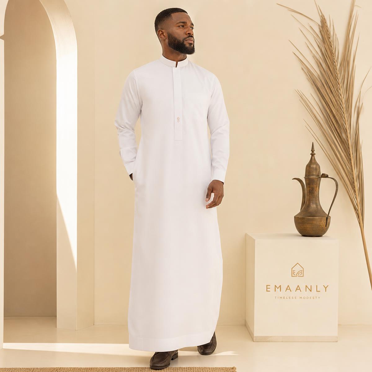 Sadu Emirati Tailored Thobe in white and ivory — Men thobes on Emaanly