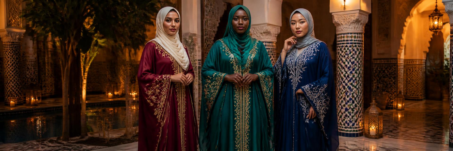 Three women — a plus-size Black woman center in an emerald kaftan with gold embroidery and matching hijab, a Middle Eastern woman in burgundy with cream hijab, an East Asian woman in sapphire with dove grey hijab — in a candlelit Moroccan riad. Fully covered.