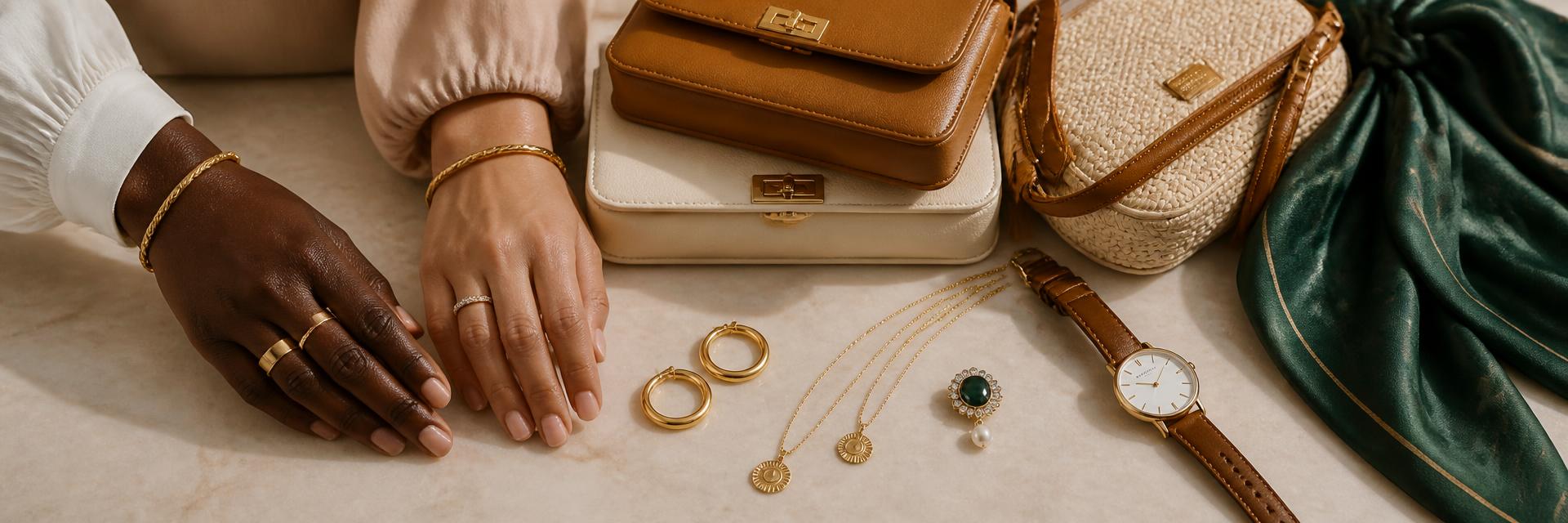 Flat-lay of modest fashion accessories on warm cream marble — gold hoops, layered necklaces, a jeweled hijab pin, caramel and cream leather handbags, an emerald silk hijab, and a leather-strap watch. Two hands modeling jewellery — one Black woman's hand with brushed gold rings, one Middle Eastern woman's hand with a delicate bangle — with full-sleeve cuffs visible.