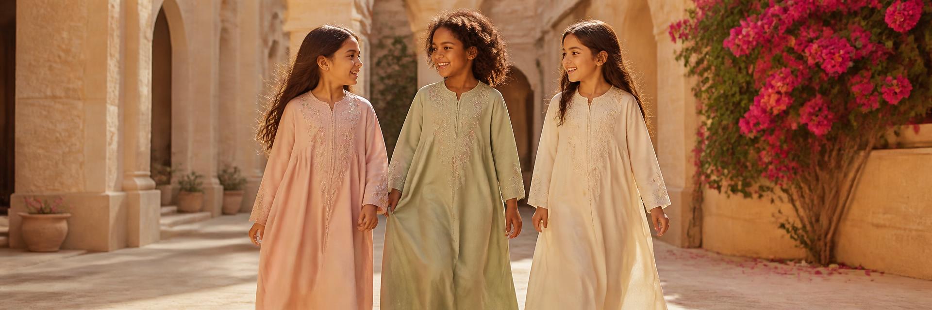 Three girls aged 7–10 — a Black girl in sage green, a South Asian girl in blush pink, a Middle Eastern girl in cream — laughing together in flowing full-sleeve abayas in a sunlit sandstone courtyard with bougainvillea. Hair loose, no hijabs (age-appropriate per Emaanly's policy for girls under puberty).
