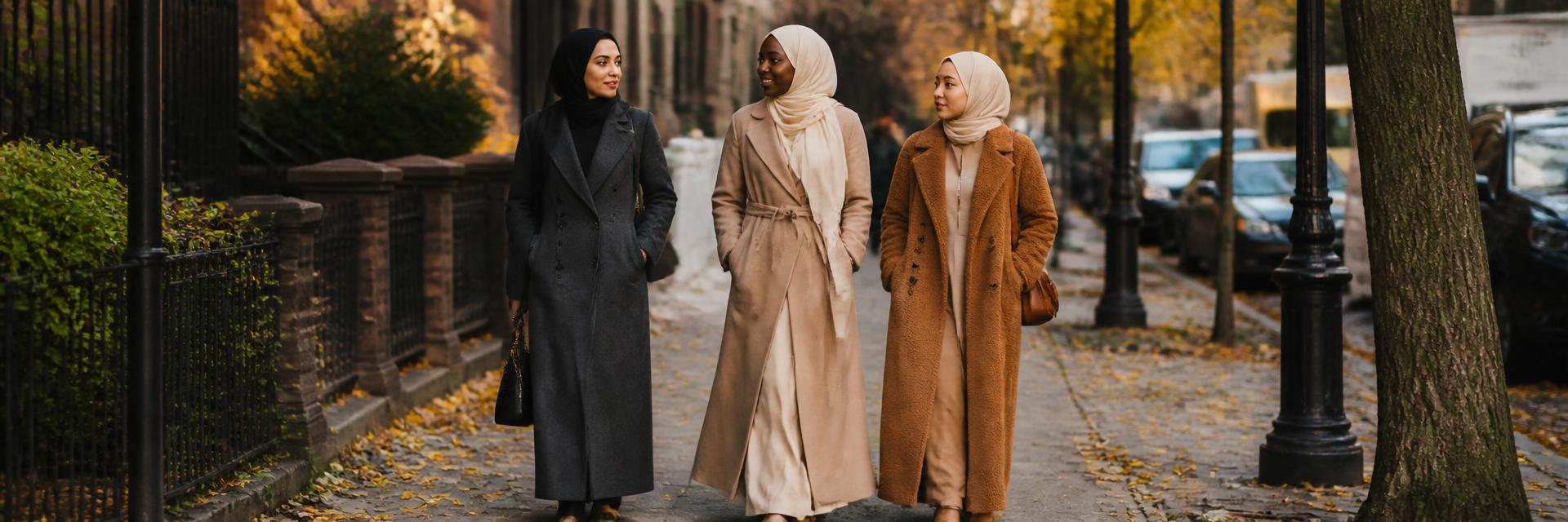 Three women — a Black woman center in a cream long wool wrap coat over cream dress and hijab, a Middle Eastern woman in a charcoal tailored long coat with black hijab, an East Asian woman in caramel teddy coat with beige hijab — on a cool autumn street. Fully covered.