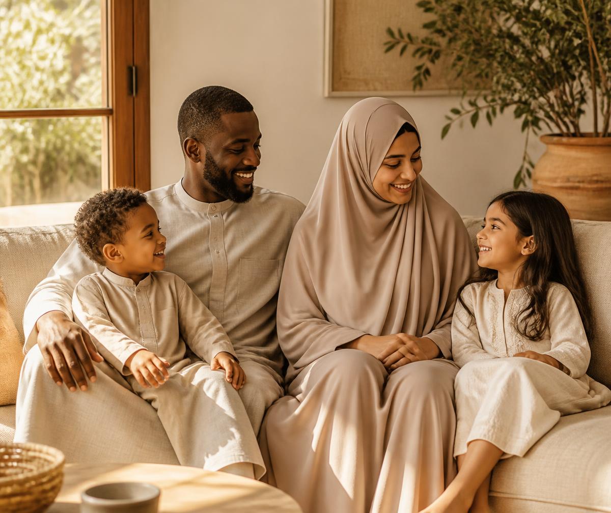 A modest Muslim family at home in warm natural light — a mother in hijab and full-length abaya, a father in a thobe, a young boy in a small thobe and a young girl without hijab, sharing a relaxed moment together.
